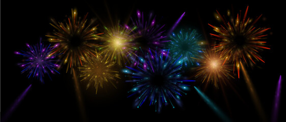 Explosions of bright colorful vector fireworks isolated on dark background for holiday design.