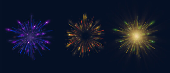 Explosions of bright colorful vector fireworks isolated on dark background for holiday design.