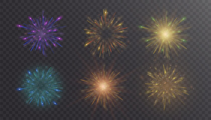 Explosions of bright colorful vector fireworks isolated on transparent background for holiday design.