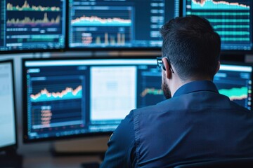 Analyst monitoring financial data on multiple screens for market trends.