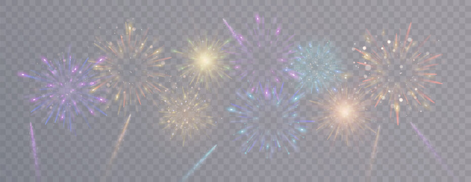 Set of bright colorful isolated vector fireworks on transparent background.