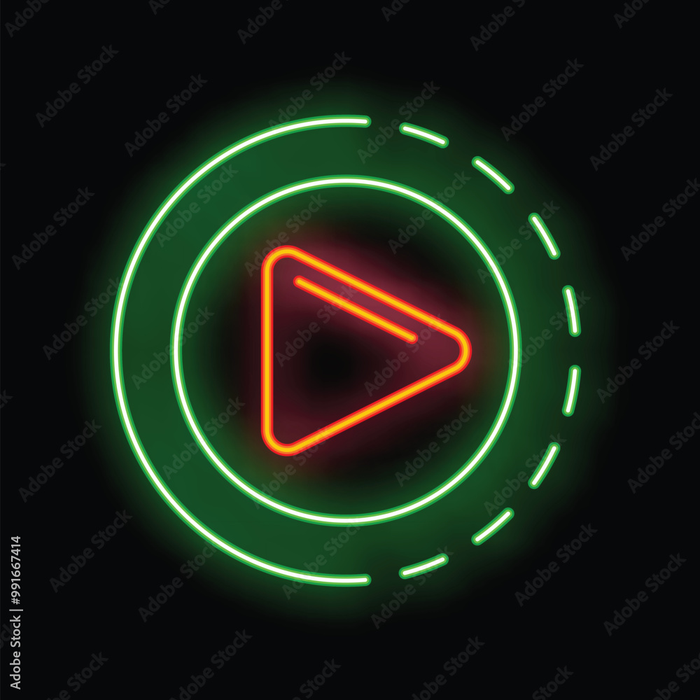 Poster glowing neon play button is surrounded by green circles with a dashed line pattern