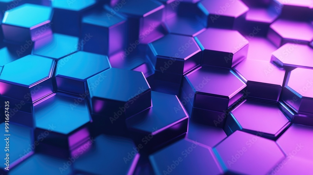 Poster an abstract background featuring layered blue and purple hexagons with a subtle gradient, creating a