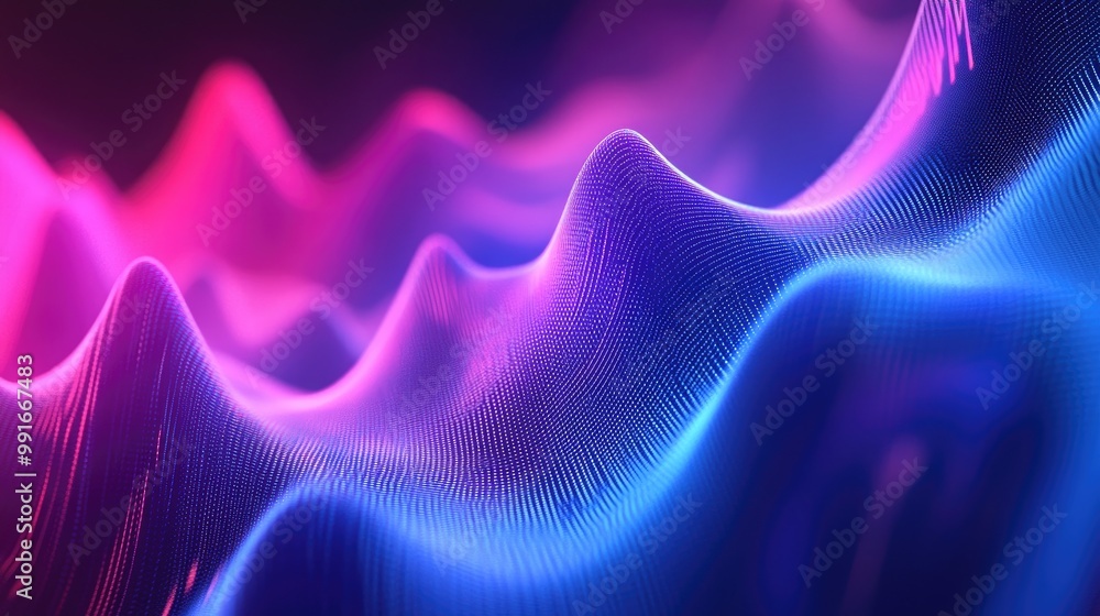 Poster an abstract background showcasing a digital equalizer with smooth gradients transitioning through bl