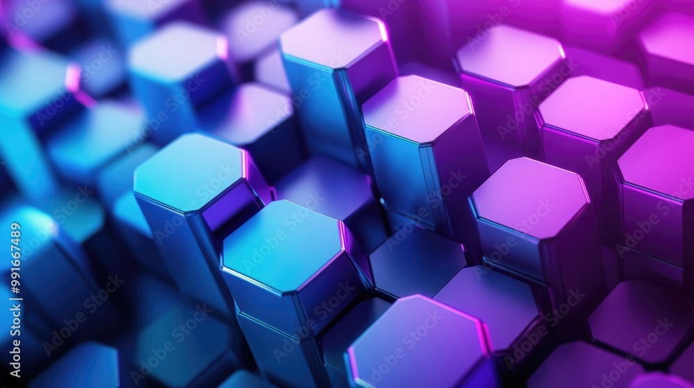 Poster an abstract background featuring layered blue and purple hexagons with a subtle gradient, creating a