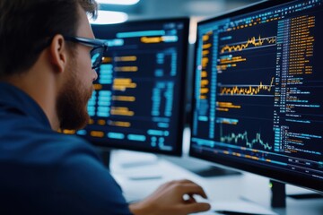 Programmer analyzing data on multiple screens in a modern office environment.