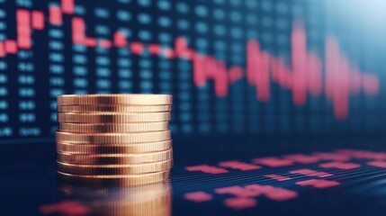 Stack of coins on financial graph background with red decline trend.