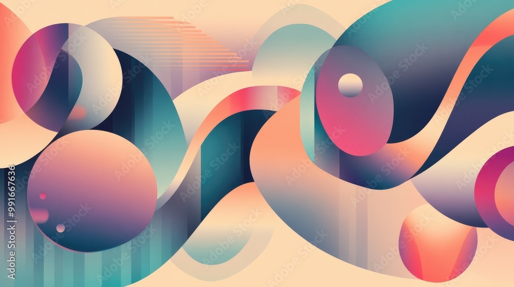 Poster an abstract banner with geometric shapes and curved lines, blending in soft gradients of color to cr