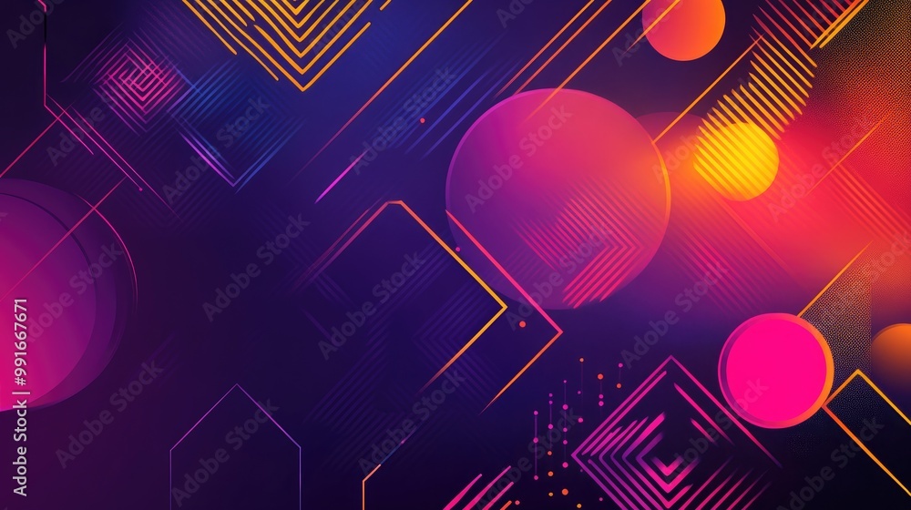 Poster an abstract banner with geometric shapes in vivid colors, featuring a blend of circles, squares, and