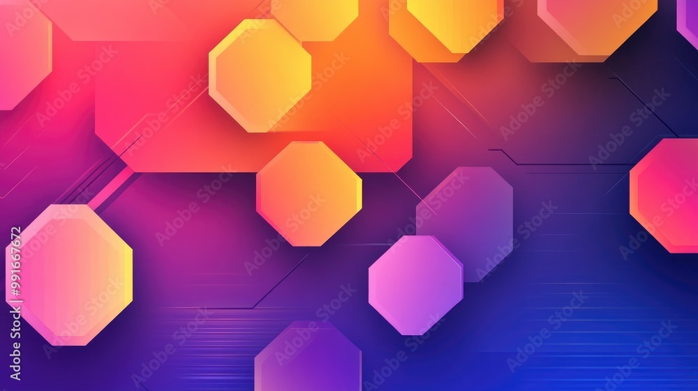 Poster an abstract banner with overlapping hexagons and sleek, intersecting lines in bright gradient colors