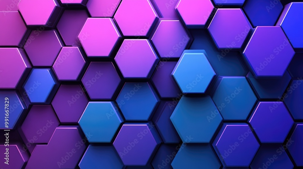 Poster an abstract geometric background with hexagons in shades of blue and purple, blending in a soft grad
