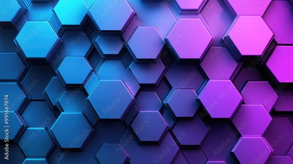 Poster an abstract geometric background with hexagons in shades of blue and purple, blending in a soft grad