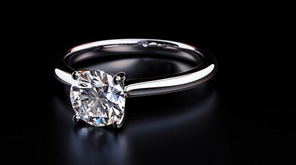 Isolated solitaire diamond ring with a thin band, sparkling against a black surface, solitaire ring, classic beauty