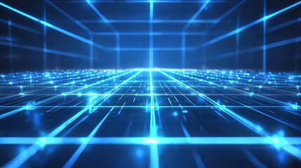 Holographic background with sharp blue beams of light intersecting over a tech-driven digital grid, creating a futuristic atmosphere.