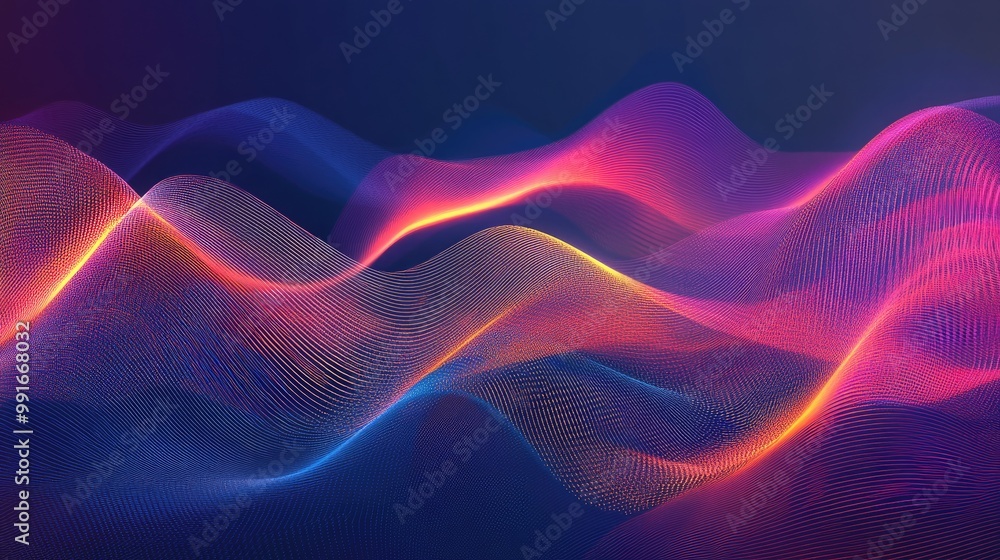 Poster an abstract representation of a digital sound wave equalizer with colorful gradients and flowing lin