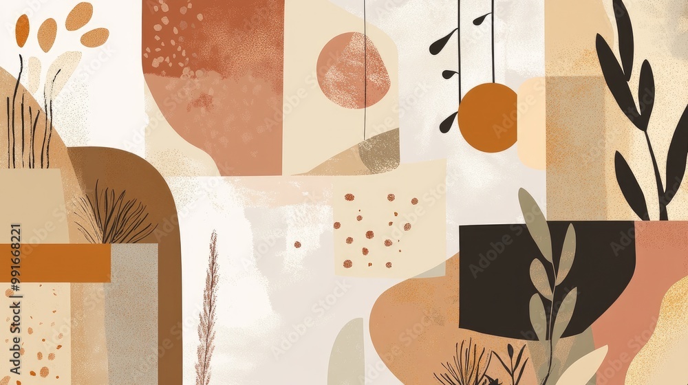 Poster an abstract vector layout with earthy tones and geometric shapes, inspired by bohemian patterns for 