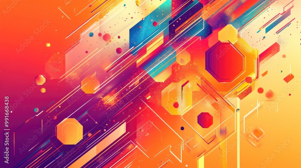 Poster an energetic abstract banner with bright hexagons, intersecting lines, and dynamic geometric shapes 