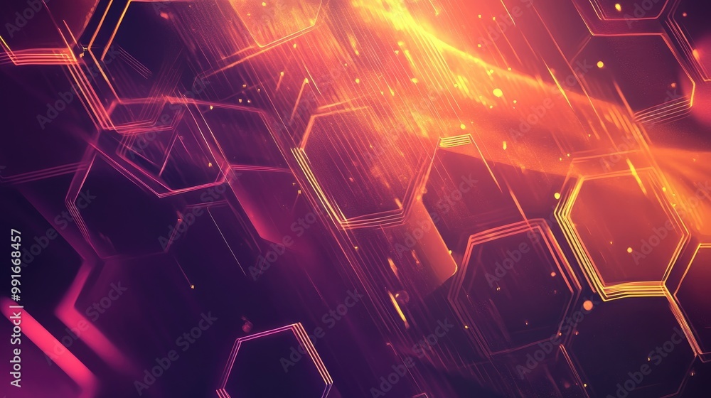 Aufkleber an energetic abstract banner with bright hexagons, intersecting lines, and dynamic geometric shapes 