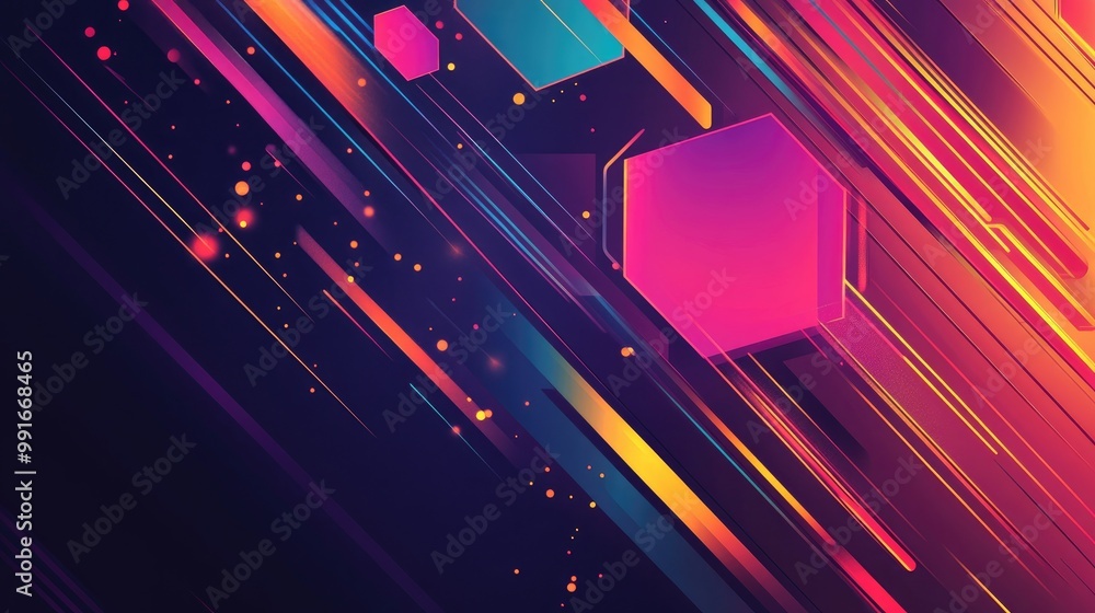 Fototapete An energetic abstract banner with bright hexagons, intersecting lines, and dynamic geometric shapes in a fluid, modern design full of movement