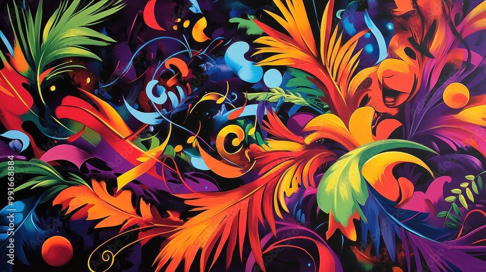 Poster bright, swirling palm leaves and music notes in an explosion of color, with abstract dancers and ins
