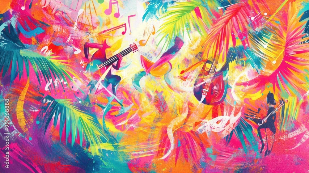 Poster bright, swirling palm leaves and music notes in an explosion of color, with abstract dancers and ins