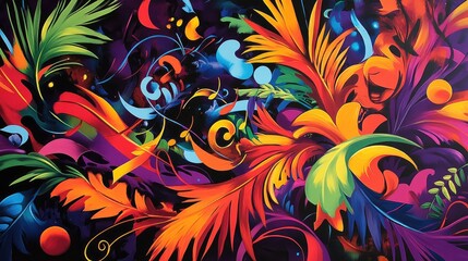 Fototapeta premium Bright, swirling palm leaves and music notes in an explosion of color, with abstract dancers and instruments adding a festive touch to the carnival-inspired background