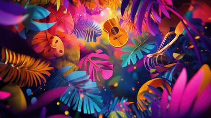Fototapeta premium Brightly colored tropical leaves floating in a swirling motion, with abstract instruments and dancers forming a vibrant and festive music festival scene