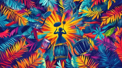 Colorful palm tree leaves arranged in a circular pattern, surrounded by abstract music symbols, drums, and dancers in motion, capturing the energy of a tropical carnival