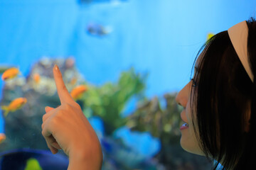 水族館の水槽を指をさしながら眺める女性