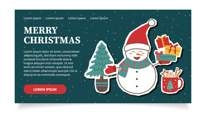 Christmas web banner. Christmas elements stickers. Snowman, Christmas tree and gift boxes.