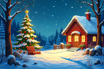 Cozy winter scene with a Christmas tree, a snow-covered house, and a bench.