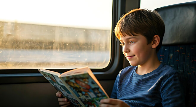 Junge Heranwachsender sitzt l&auml;chelnd in Bus &ouml;ffentlichen Personennahverkehr S-Bahn U-Bahn und liest l&auml;chelnd in einem Comic Kinderbuch h&auml;lt offenes Buch in H&auml;nden warmes Licht Sonnenstrahlen
