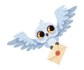 Funny Owl Flying Creature with Large Eyes and Wings Carry Letter Envelope Vector Illustration