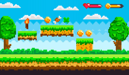 Obraz premium Pixel art landscape contains floating platforms with coins, items like a torch, and health indicators. Ideal for retro gaming, platform design, game asset creation, game development, nostalgic
