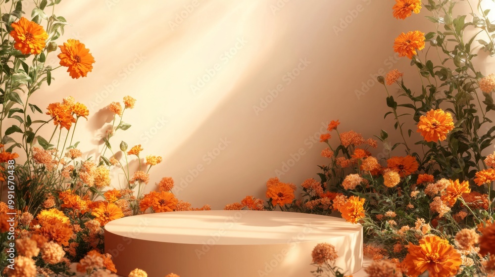 Poster In a softly lit environment, a simple circular pedestal is surrounded by an array of vibrant orange flowers, creating an inviting and cheerful atmosphere, perfect for showcasing art or products.