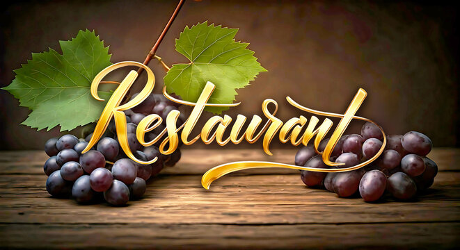 goldener Schriftzug "Restaurant" in edlen Buchstaben schwebend als Vorlage Hintergrund vor rustikalen Holztisch in braun mit grünen Weinblättern und Trauben für Bistro Restaurant Gaststätte Hotels 
