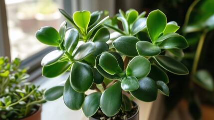 Obraz premium Indoor succulent plant thriving in bright sunlight by a window during the afternoon, surrounded by other greenery