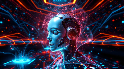 A futuristic humanoid figure with headphones in a digital landscape at night