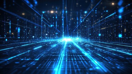 Obraz premium Holographic background with sleek blue beams of light crisscrossing a digital grid filled with futuristic tech elements.