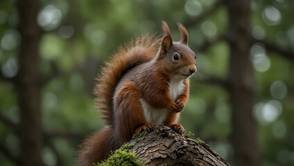 Fluffy red squirrel on an oak tree.