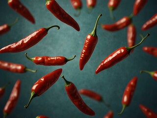 Flying and spinning red chili peppers, filmed in slow motion.