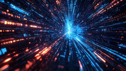 Naklejka premium Holographic background with vibrant blue beams of light traveling through a digital landscape of futuristic tech elements.