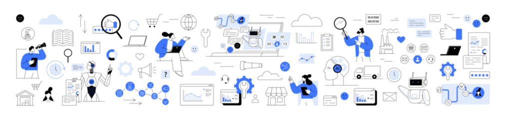 AI automation, data-driven insights and customer experience. Analytics, AI bots, customer service tools charts, and data metrics. Automation and insights streamline processes, improve customer service