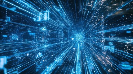 Fototapeta premium Holographic beams of blue light crisscrossing in a digital landscape filled with futuristic tech symbols and elements.