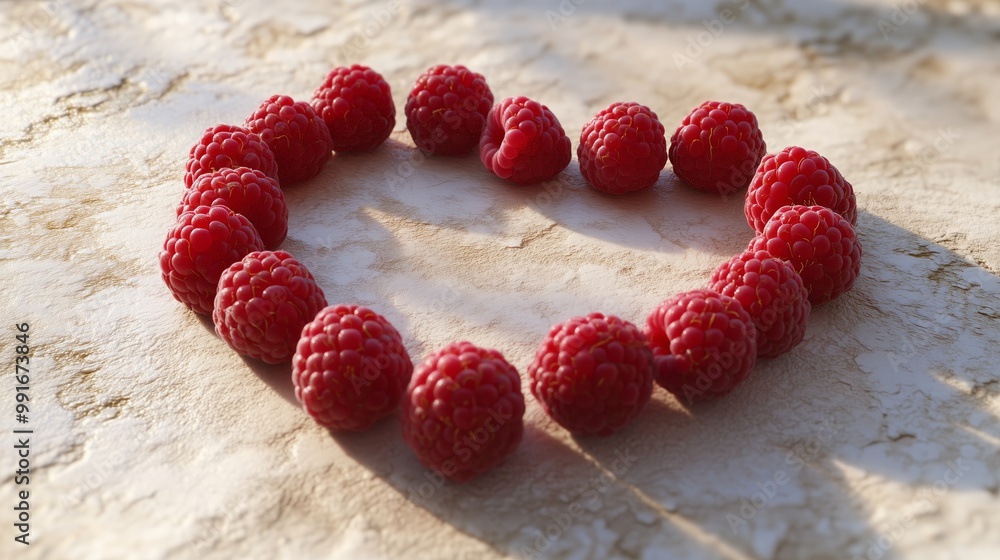 Poster fresh raspberries arranged in a heart shape on a stone surface, creating a romantic display for a sp