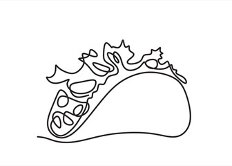 continuous single drawn one line taco hand-drawn picture silhouette. Mexican food tacos	