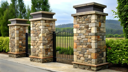 Stately gateway framed by natural stonework, offering a glimpse into the lush greenery beyond.&rdquo;