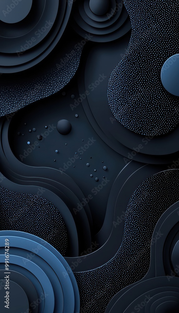 Poster abstract black background with layered blue shapes and geometric patterns creating a modern and futu