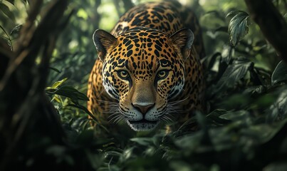 Fototapeta premium Jaguar's face peeking through foliage.