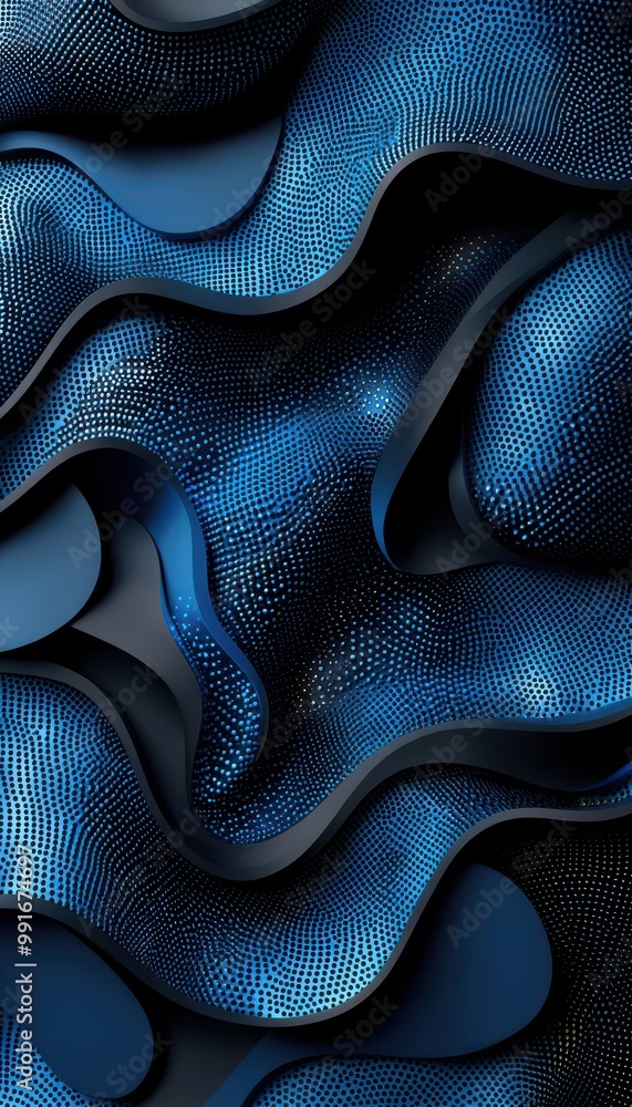 Poster abstract black background with dynamic blue shapes and geometric patterns creating a futuristic and 